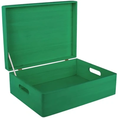 Image of Creative Deco XL Green Wooden Storage Box 40 x 30 14 cm (+/ 1 cm) with Hinged Lid &amp; Handles Gift for Christmas Xmas Wood Keepsake Memory Craft Chest