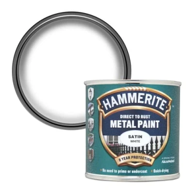 Image of Hammerite Direct to Rust Satin Metal Paint White 250ML
