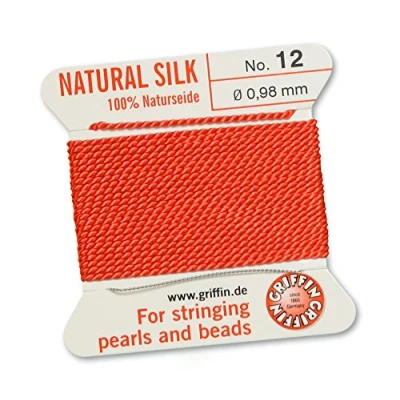 Image of GRIFFIN 100% Natural Silk Beading Cord String Thread Coral 2 metres with one needle Size 0.98mm