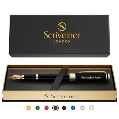 Image of Scriveiner Personalised Black Fountain Pen Stunning Luxury Pen, Jet Lacquer, 24K Gold Finish, German Schmidt Nib (Medium), Best Engraved Gift Set for Men &amp; Women, Name Engraving