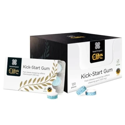 Image of Healthspan Elite Caffeine Chewing Gum (120 Pieces) 100mg Fast Release Per Energy Best Pre Workout Product at ESSNA 2021 Awards Informed Sport Accredited Mint Flavoured Vegan