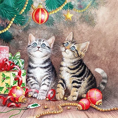 Image of 20 Napkins Cats Admire the Christmas Tree Animals Winter Table Decoration 33 x cm