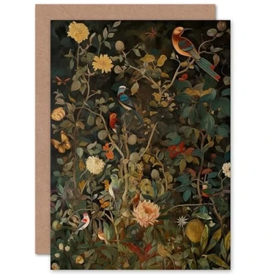Image of Artery8 Aububon Style Birds in Spring Flower Field Modern Nature Birthday Sealed Greeting Card Plus Envelope Blank inside
