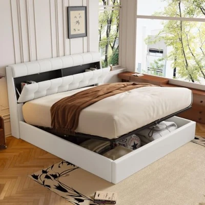 Image of ModernLuxe Double Bed Frame, Fashion Upholstered Ottoman Bed, 4ft6 Frame with Storage, Concealed Headboard Hydraulic Slats, No Mattress, Cream white PU 135x190cm