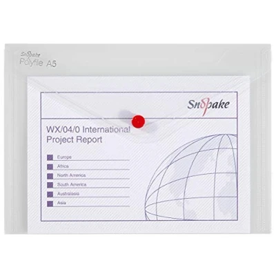 Image of Snopake A5 Polyfile Popper Wallet with Press Stud Closure Clear [Pack of 5] Ref: 11382