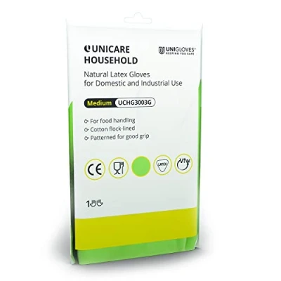 Image of Unigloves Unicare Household Power Free Reusable Latex Gloves, 1 Pair, Green, Medium (UCHG3003G)