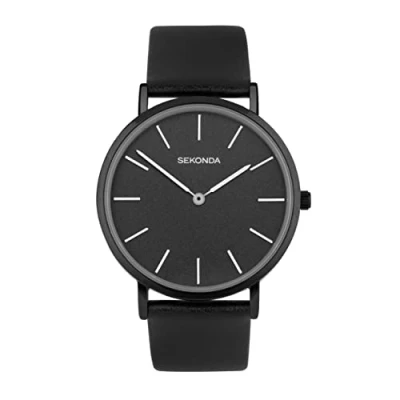 Image of Sekonda Minimal Ladies 38mm Quartz Watch in Black with Analogue Display, and Leather Strap 40606