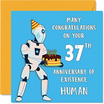 Image of Funny 37th Birthday Cards for Men Woman Robot Droid Happy Card Dad Mum Son Daughter Brother Sister Uncle Auntie Cousin, 145mm x Joke Humour Banter Greeting