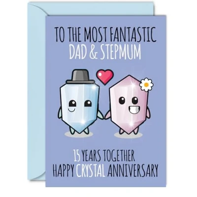 Image of Cute Crystal Anniversary Card for Dad &amp; Step Mum 15 Years Together Happy 15th Wedding Cards Dad, A5 Greeting Fifteenth Anniversaries