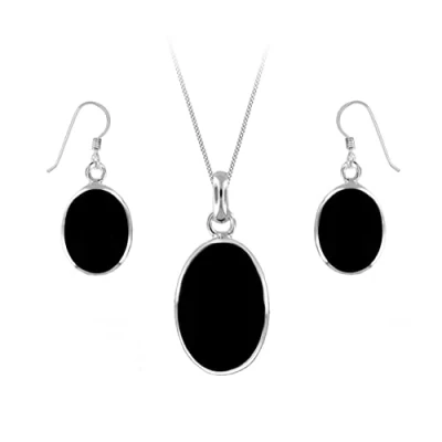 Image of Tuscany Silver Women&#039;s Sterling Set of Onyx Oval Earrings and Pendant on Curb Chain 46cm/18&quot;