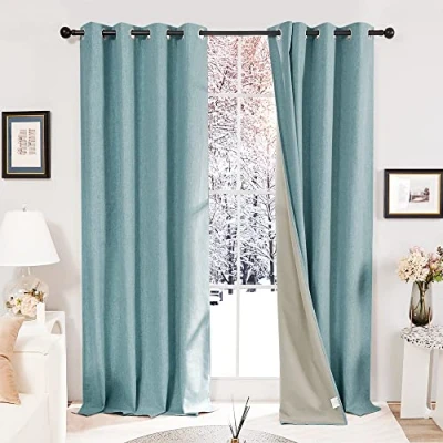 Image of Deconovo Full Blackout Curtains Faux Linen Eyelet Energy Saving Thermal Noise Reduction for Living Room Stone Blue W52 x L84 Inch One Pair