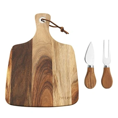 Image of hecef Cheese board set 3,a Acacia Wood Plate &amp; a Knife Fork, Perfect Platter Slate Serving (Cheese with 2 knives)