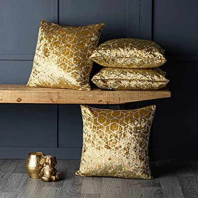 Image of Red Rainbow Luxury Metallic Gold Crushed Velvet Geometric Cushion Covers, 18&quot; x 18&quot;, Set of 4