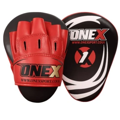 Image of ONEX Boxing Pads Curved Focus Mitts, Maya Hide Leather KARA Hook and jab Training Pads, MMA Muay Thai Kickboxing Coaching Martial Arts Punching Hand Target Strike Shield (Red/Black)
