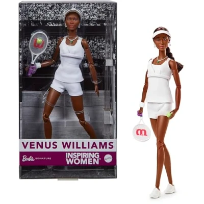 Image of Barbie Inspiring Women Series, Venus Williams Fashion Doll With Signature Tennis Uniform and Racket, Includes Displayable Packaging, HRM49