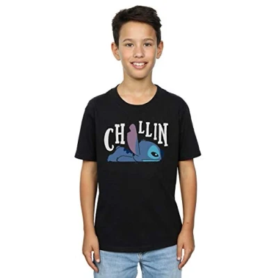 Image of Disney Boys Lilo And Stitch Chillin T Shirt (Black) Cotton Size 7 8Y