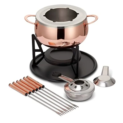 Image of Oak &amp; Steel Stainless Rose Gold Fondue Gift Set for Cheese, Chocolate, Meat Broth with Forks 6 Person