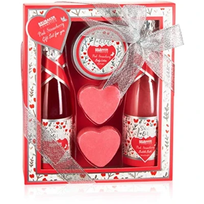 Image of BRUBAKER Cosmetics 5 Pcs. Bath and Shower Set Strawberry Sweet Love Care Gift with Flower Design Idea For Women Men Pink