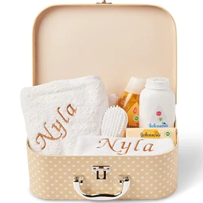 Image of Baby Box Shop Personalised Gifts, Unisex Gift Set, New Born Essentials, Gift, Towel Personalised, Hamper, Gifts (Cream)