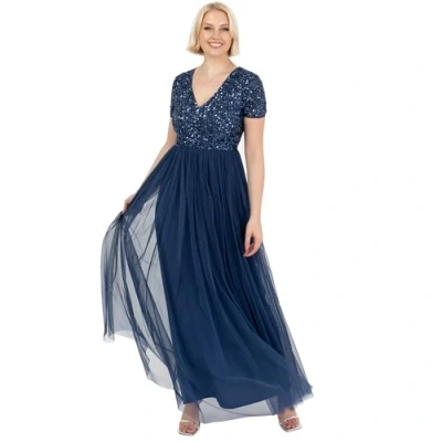 Image of Maya Deluxe Women&#039;s Ladies Dress for Wedding Guest Plus Size Empire High Waist Sequins Short Sleeve Evening Bridesmaid, French Navy, 10