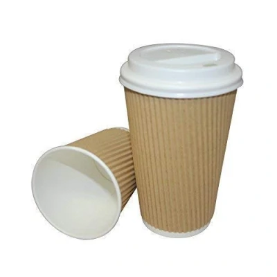 Image of We Can Source It Ltd 100 x 12oz Kraft Ripple Cups 3 PLY Disposable Insulated Paper Coffee &amp; White SIP Through LIDS