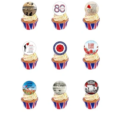 Image of 24 Pre Cut Round D Day Remembrance 80th Anniversary Edible Wafer paper Cake Toppers Decorations
