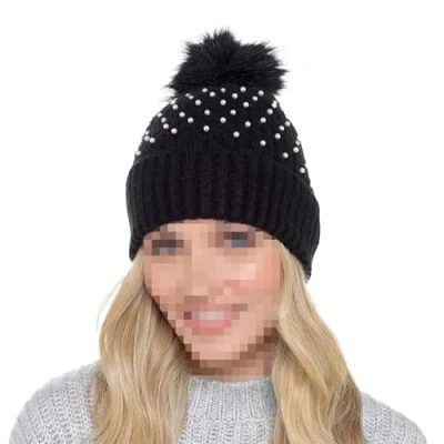 Image of A2Z Ladies Hats Ribbed Pearls Knitted Bobble Beanie Faux Fur Pom Hat LH896 Black One Size