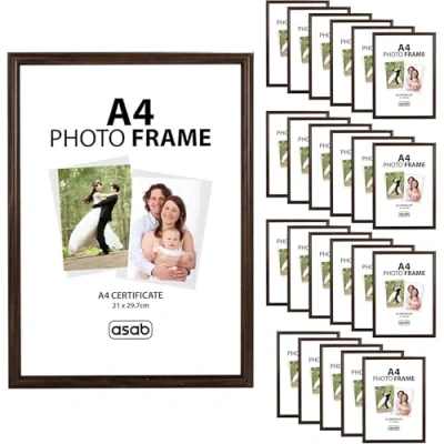Image of ASAB Pack of 24 A4 Frame Wall Hanging Hooks Flat Classic Design Picture with Quick Photo Insertion Clear Acrylic Display for Table Top Home and Office (Dark Brown)