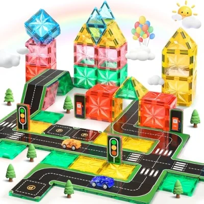 Image of Lovchil 72PCS Magnetic Tiles Road Toppers Set for Kids, Building Blocks with Cars Toys 3 Year Old, Preschool Construction 4 5 6 7 8 Old Boys and Girls Toddlers