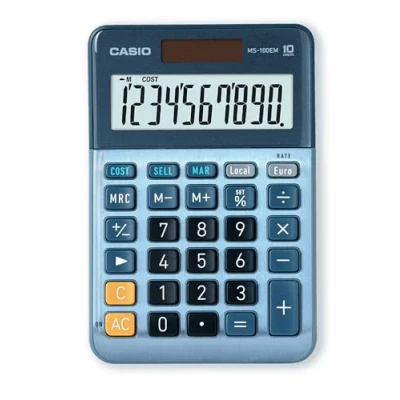 Image of CASIO MS 100EM Desktop Calculator 10 Digit Currency Conversion Cost/Sell/Margin, Aluminium Front, Solar/Battery Operated, blue