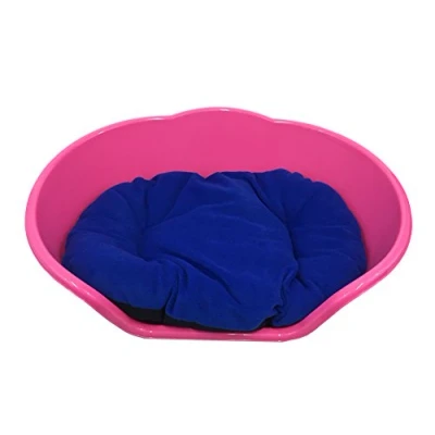 Image of KetoPlastics EXTRA LARGE PINK PLASTIC DOG BED WITH BLUE CUSHION/HEAVY DUTY PET DOG/CAT/ANIMAL/SLEEP/BASKET MADE IN UK