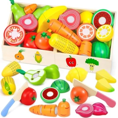 Image of Subtail Wooden Food Toys Play Kitchen Sets for Children Pretend Fruit and Vegetables Cutting Toy Toddler 2 Year Old Boy Girls