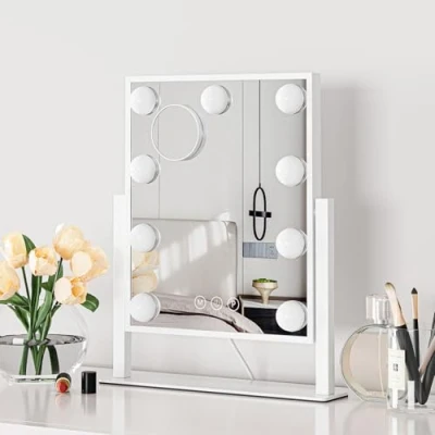 Image of Dripex Hollywood LED Vanity Mirror, 30 x 36 cm Lighted Makeup Mirror with 9 Dimmable Bulbs, 360Rotation, 3 Color Lighting Modes, Touch Screen Control, Light up Dressing Table for Bedroom