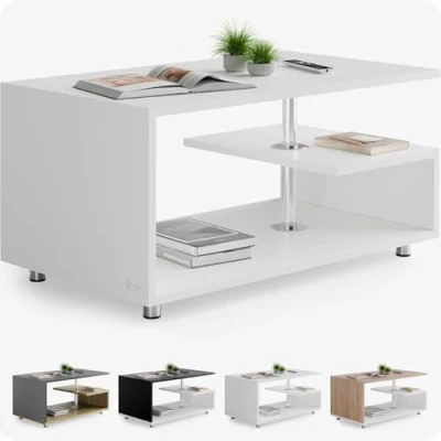Image of CASARIA® Wood Modern Coffee Table 3 Tiers Shelf Storage Space Height Adjustable 95x55 cm Wooden, Scratch Resistant Side for Living Room White