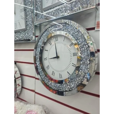 Image of Biznest Large Round Crushed Mirror Jewel Wall Clock Black Needles Roman Number Diamante Glass Silver Eye Catching Home Décor (30x30cm)