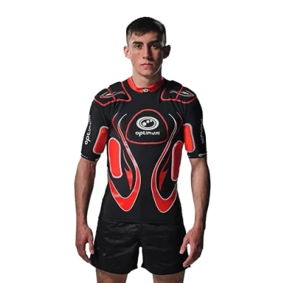 Image of Optimum Unisex Senior Origin Razor Protective Top EVA Padding Protection, Rugby Approved Lightweight and Breathable Black/Red, Large Boys (XS)