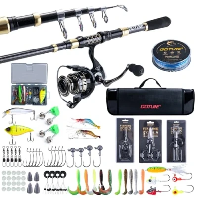 Image of Goture Fishing Rod and Reel Combos with Storage Bag, Telescopic Pole 9+1 Spinning Lures Set, Kit for Travel Saltwater Freshwater Type A2 2.4M