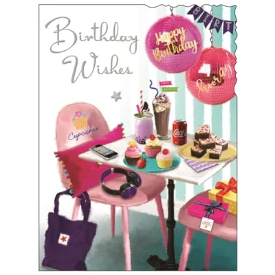 Image of Jonny Javelin Female Birthday Card for Her General Girls Ice Cream and Cakes Girly Design Special Finishes Illustrated Insert Leaf Made in the UK,188 x 140mm