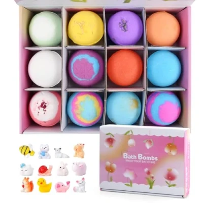 Image of Focenat 12PCS Bath Bomb Gift Set with Surprise Toys Inside, Bombs for Kids, Handmade Natural Organic Bubble Bombs, Colorful Fizzies, Birthday Christmas Easter Boys Girls Women