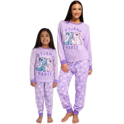 Image of Disney Lilo And Stitch Pyjamas Womens Pjs Angel Mum Daughter Matching Purple Large