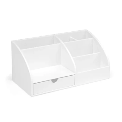 Image of OSCO White High Gloss Desk Organiser 7 Section Pull Out Drawer Tidy Stationery Storage Makeup Cosmetics H12 x W25 D13 cm
