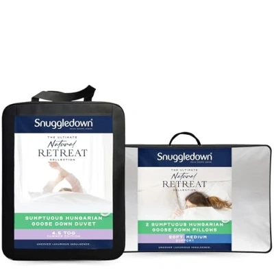 Image of Snuggledown Hungarian Goose Down Double Duvet 4.5 Tog Lightweight Cool Summer Quilt for Night Sweats, 2 Soft Support Pillows Jacquard Cotton Cover, Machine Washable, Size (200cm x 200cm)