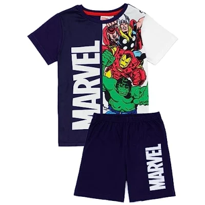 Image of Marvel Boys Pyjama Set Multicoloured Short Sleeve T Shirt &amp; All Over Print Shorts PJs For Kids Thor, Iron Man, Hulk Captain America Superhero Sleepwear Movie Comic Books Nightwear Gift