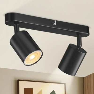 Image of 2 Way Spotlight Ceiling Light Adjustable, GU10 LED Lights Fitting, Rotatable Black Industrial Hallway with Socket, Modern Kitchen Spot Lamp for Bedroom Bulb Not Included