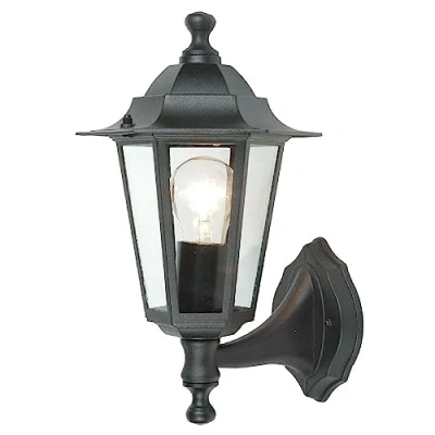Image of Black &amp; Clear Glass Panel Outdoor Vintage Up Coach Lantern Wall Light IP44 Rated 31cm Height 1 x ES E27 Lamp Required Garden Patio Driveway UK Approved Aluminium