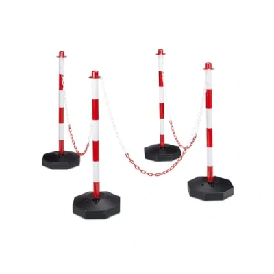 Image of Relaxdays 4 Parking Barriers, Size: 82 x 112 28 cm Chain Barrier made of Plastic w/ Practical Chains to Save Spaces Sturdy Base Fill Water or Sand, Red / White