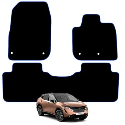 Image of Carsio Carpet Car Mats For Nissan Ariya 2022+ Onwards Tailored Fit Floor Mat Set Complete Accessory Black Custom Fitted All Weather, Anti Slip Backing &amp; Blue Trim