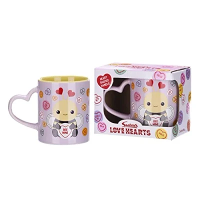 Image of Posh Paws Swizzels Love Hearts 11OZ Bethany Bumble BEE Mine Heart Shaped Handle Ceramic Mug