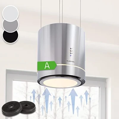 Image of Klarstein Tron Ambience Island Cooker Hood Kitchen Extractor Fan, Hood, 38 x 45 cm (ØxW) / 60 Suspension, Recirculation in 3 Stages, 540 m3/h, LED Lighting, EEC A, Silver