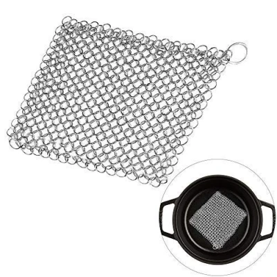 Image of Cast Iron Chainmail Scrubber, Non Scratch, Stainless Steel Mesh Scourer for Skillets,Griddles,Pans or Woks, Dutch Oven, Multifunction Cookware Cleaner